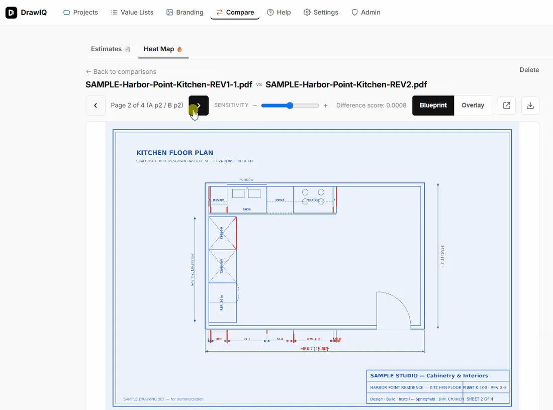 Heat Map comparing two revisions of a kitchen drawing, differences highlighted as you adjust sensitivity