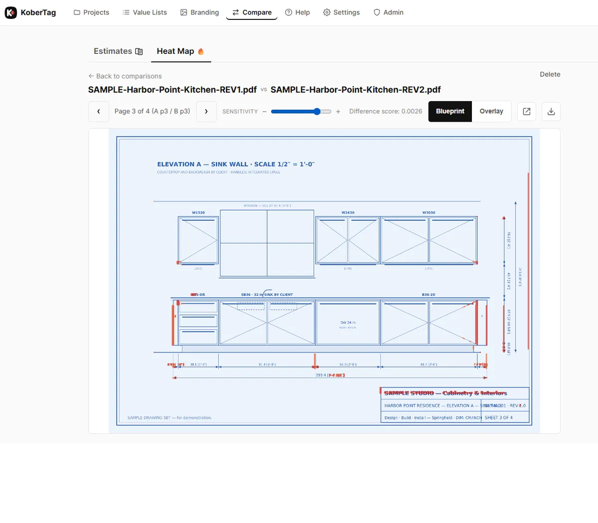 Heat Map comparing two revisions of a kitchen drawing, differences highlighted as you adjust sensitivity