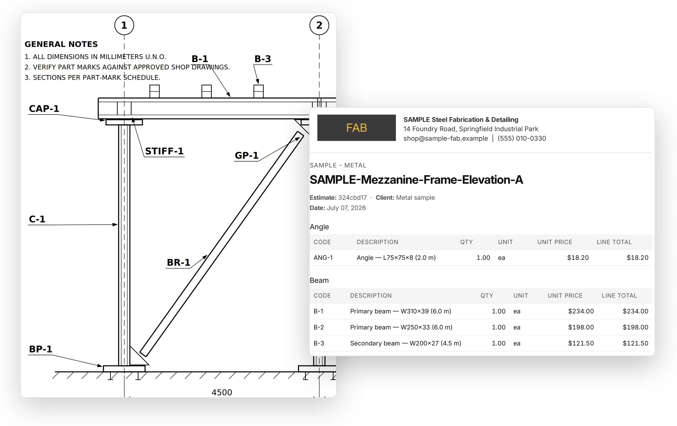 A labeled shop drawing next to the itemized estimate KoberTag generated from it