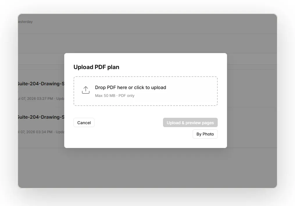 Upload dialog accepting PDF plans, with a photo option