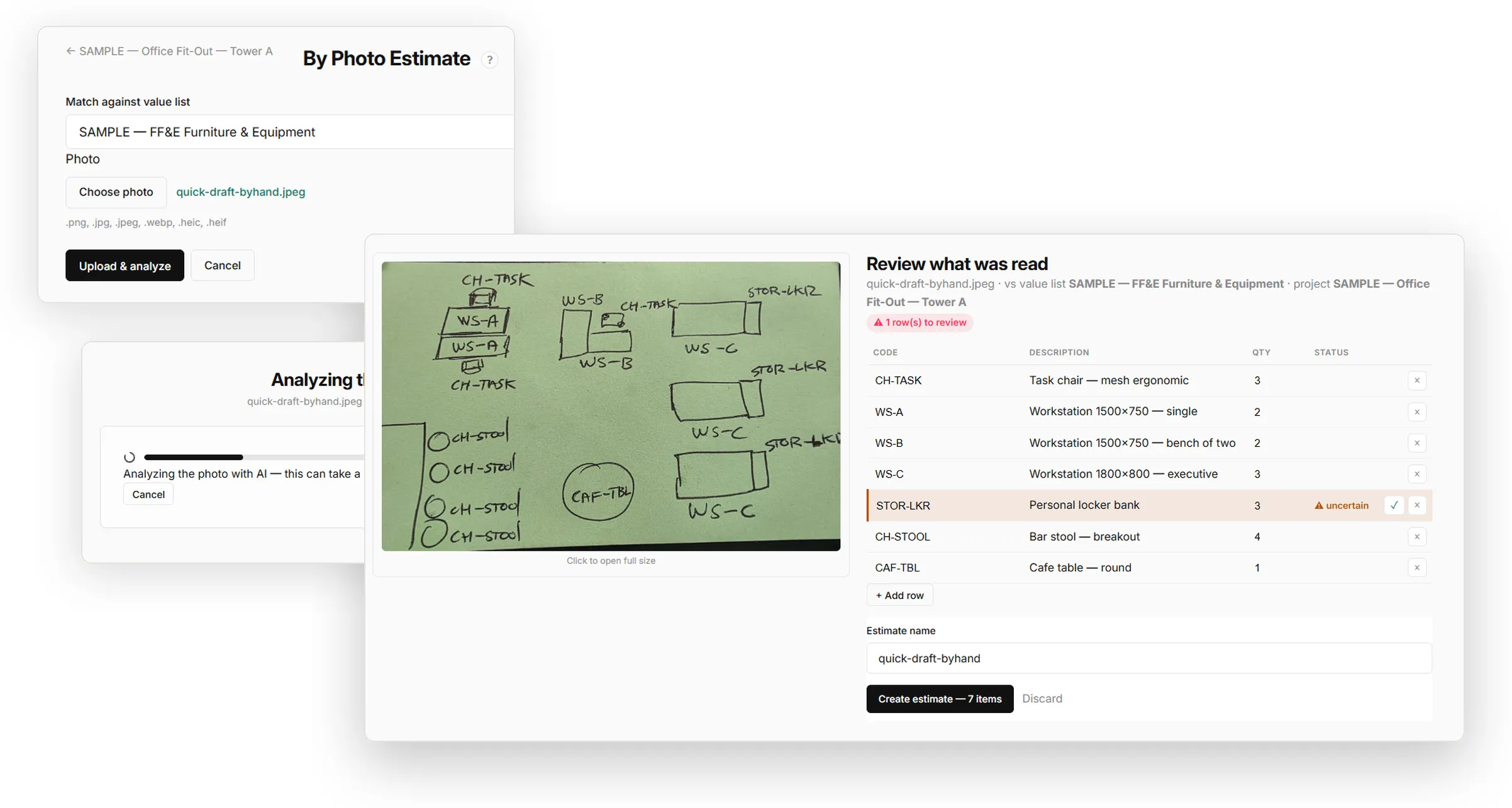 A hand-drawn sketch photographed and converted into estimate items, one row flagged for review