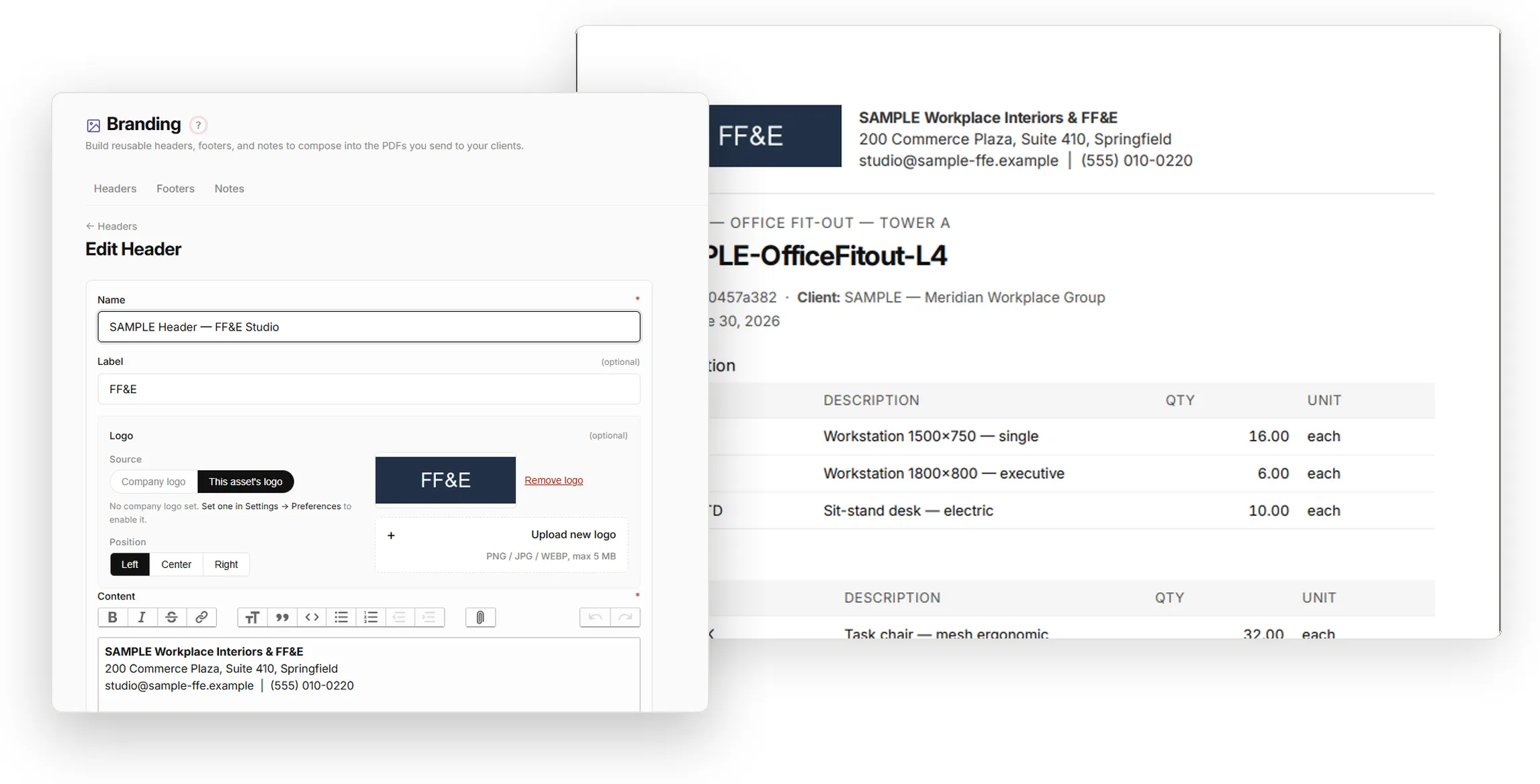 Header editor with uploaded logo next to the resulting branded PDF