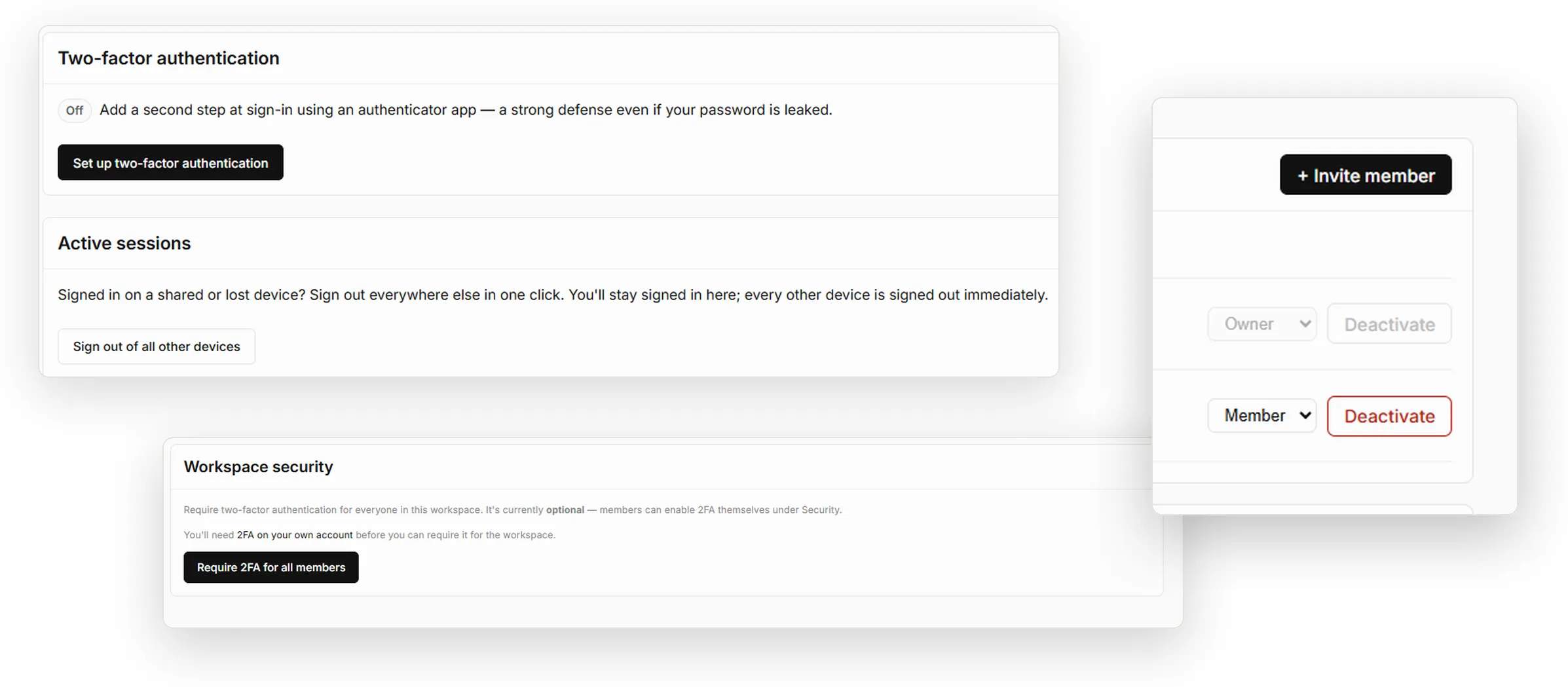 Two-factor authentication, active sessions and member invitation settings