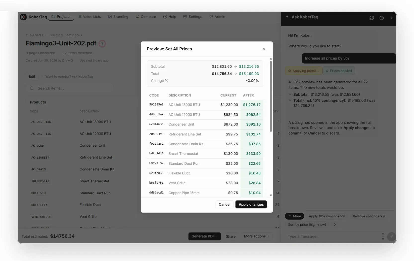 Ask KoberTag proposing a price change with a preview dialog awaiting the user's approval