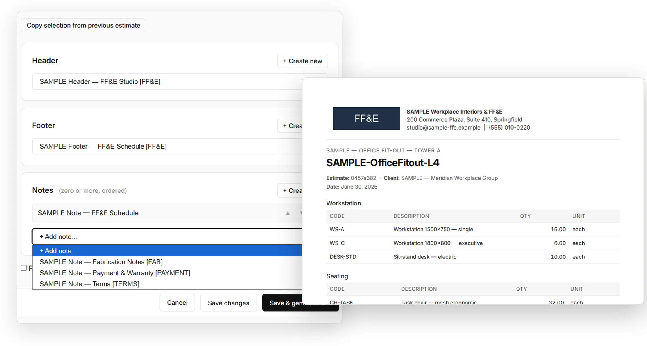 Reusable header, footer and note assets composed into a branded estimate PDF