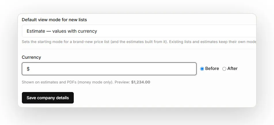 Company settings with free-text currency and default view mode for lists