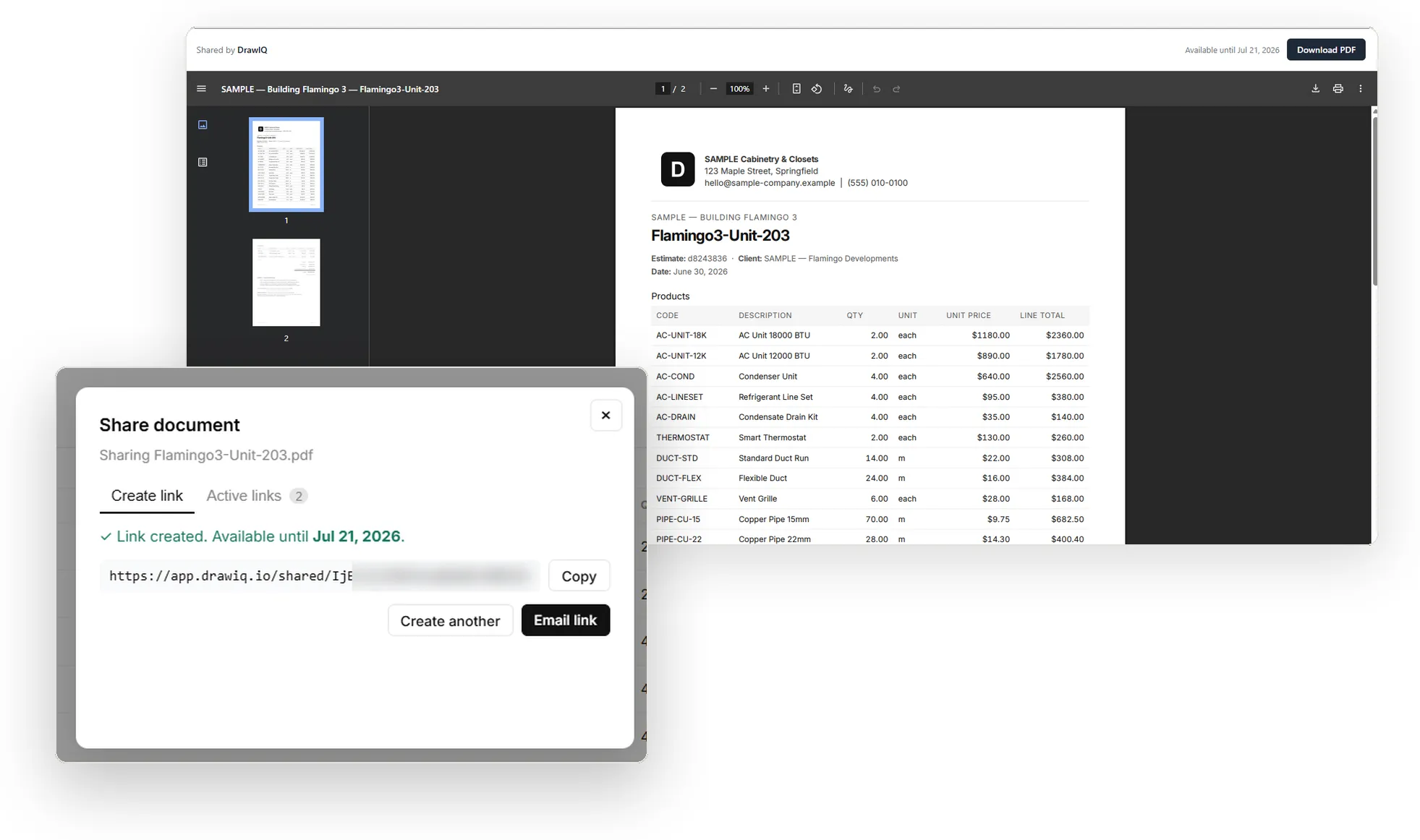 A shared estimate PDF opened from a public link, with the share dialog showing link expiry and active links