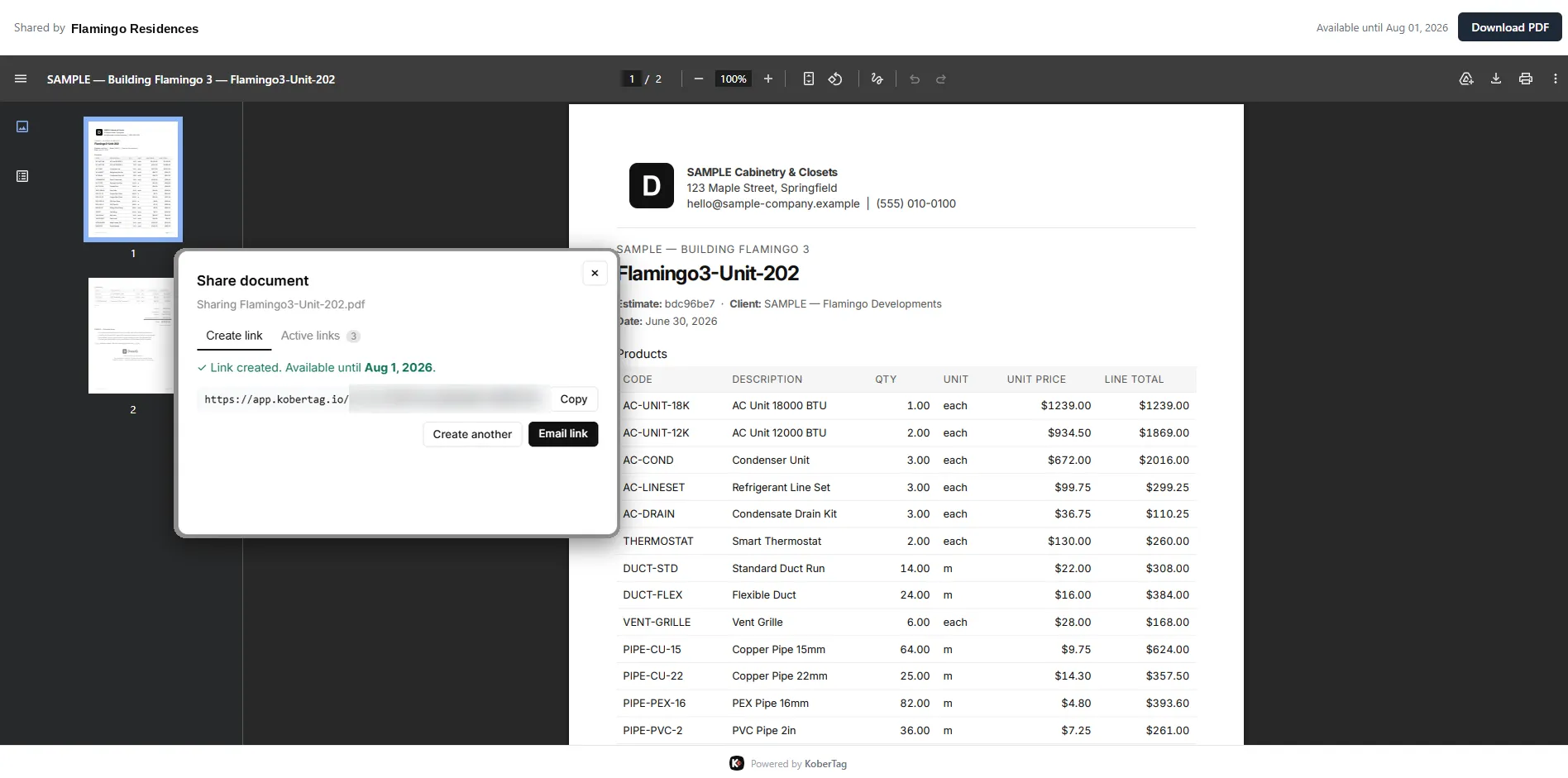 A shared estimate PDF opened from a public link, with the share dialog showing link expiry and active links