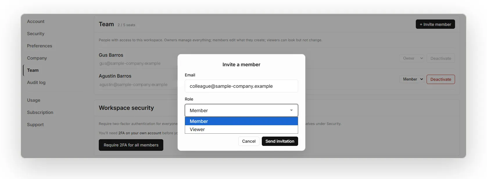 Team settings with member roles and an invitation being sent