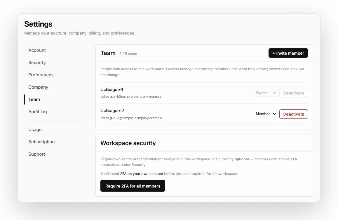 Workspace security settings with team roles and the option to require two-factor authentication for all members